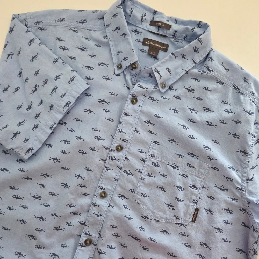 Eddie Bauer‎ Button Down Shirt Blue Fish Skeleton Print Mens Large